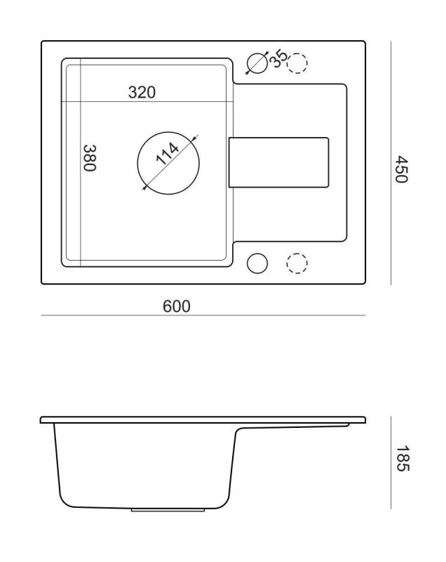 Quadri Sutton Anthrazit Granit Einbauspüle 60x45cm mit Abtropffläche, Reversibel mit Schwarzem Stöpsel - 1208967586
