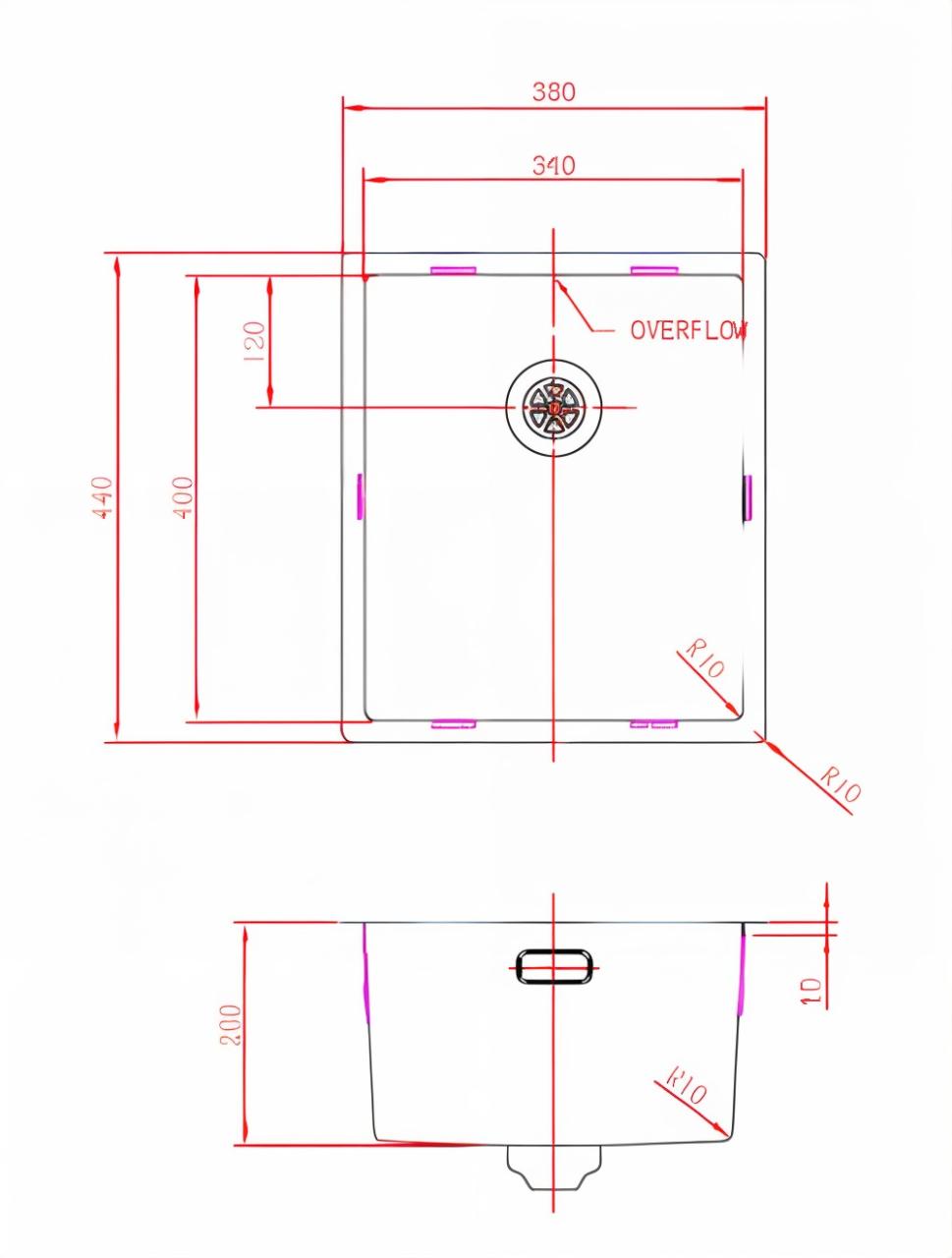 Pure.Sink Prestige Spülbecken 34x40 cm PVD Kupfer 10mm Radius Unterbau, Flachbau und Aufbau PPG3440-62