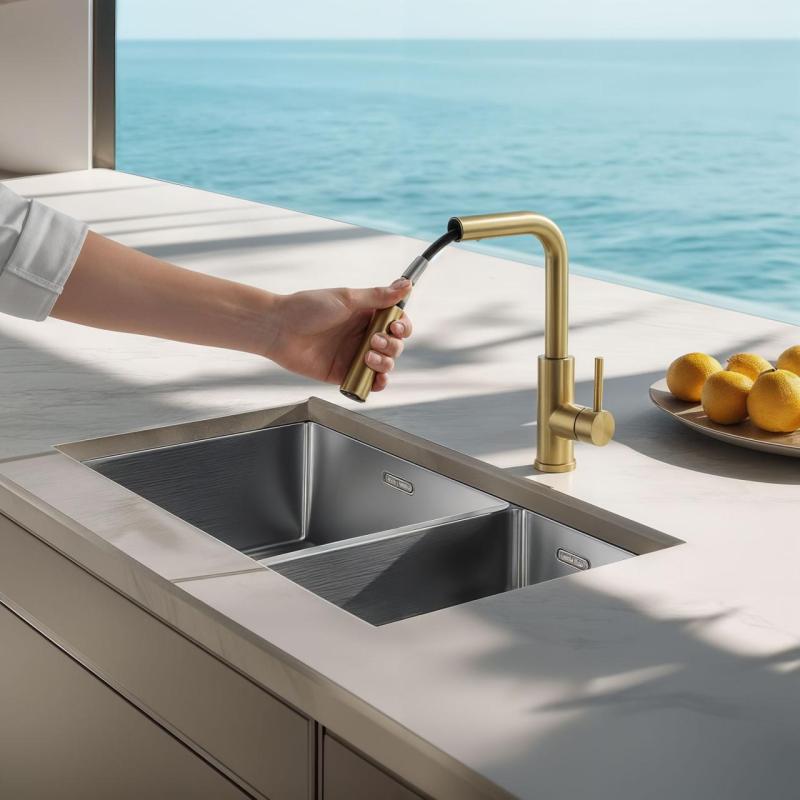 Pure.Sink Elite Steel Spark-S Küchenarmatur PVD gebürstetes Gold mit ausziehbarem Auslauf PS8041-60