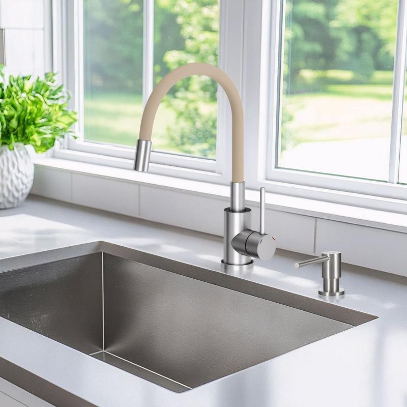 Quadri Bristol Küchenarmatur aus Edelstahl mit flexiblem beigem Auslauf 1208967664