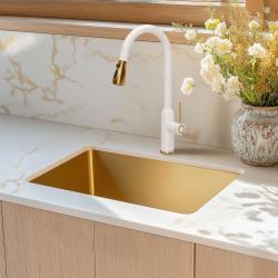 Quadri Stamford Küchenarmatur Weiß mit PVD-Gold-Finish mit herausziehbarem Auslauf und Sprühfunktion 1208967690