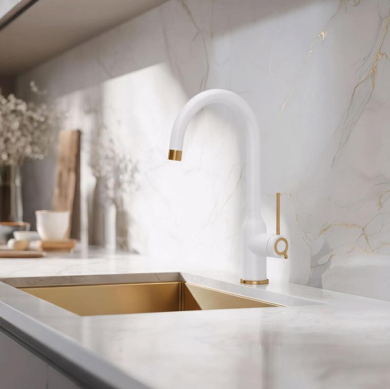 Quadri Stamford Küchenarmatur Weiß mit Kupfer-Finish und schwenkbarem Rundauslauf 1208967711