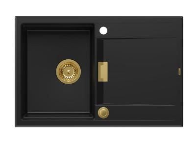 Quadri Minton Granit Aufsatz Schwarzes Spülbecken 76x50cm mit Abtropffläche Reversibel und Goldener Stöpsel 1208967739