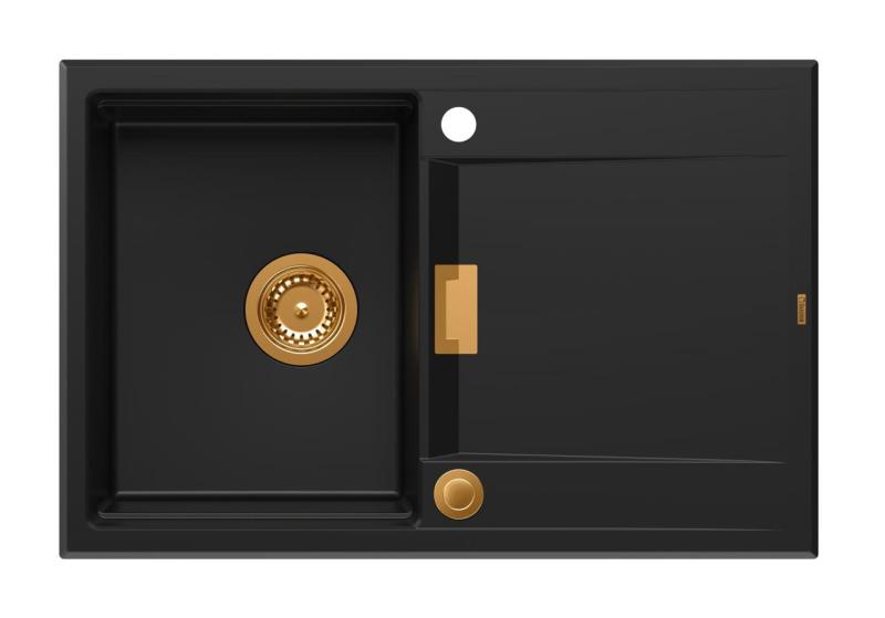 Quadri Minton Granit Aufsatz Spülbecken Schwarz 76x50cm mit Abtropffläche, Reversibel und Kupferner Stopfen 1208967740