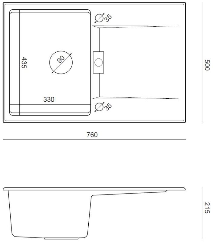 Quadri Minton Granit Einbau-Spülbecken Grau 76x50cm mit Abtropffläche, reversibel und Edelstahl-Stöpsel - 1208967741