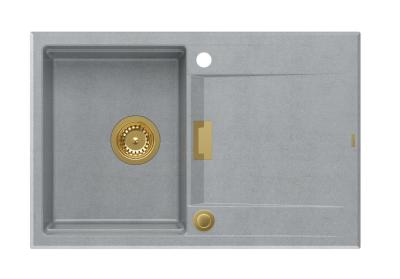 Quadri Minton Granit Aufsatzspüle Grau 76x50cm mit Abtropffläche Beidseitig verwendbar und Goldener Stopfen - 1208967742