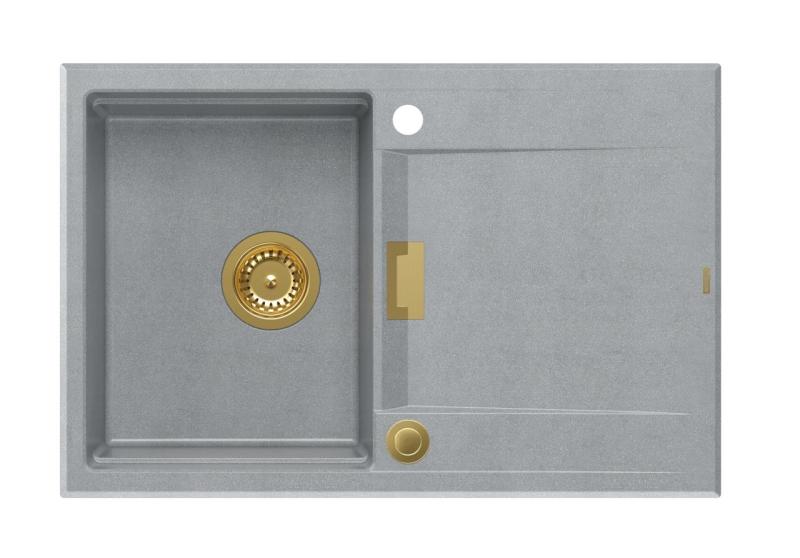 Quadri Minton Granit Aufsatzspüle Grau 76x50cm mit Abtropffläche Beidseitig verwendbar und Goldener Stopfen - 1208967742