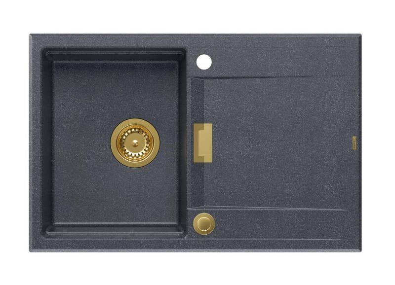 Quadri Minton Granit Aufsatz Spülbecken Anthrazit 76x50cm mit Abtropffläche Wendemöglichkeit und Goldener Stöpsel - 1208967745