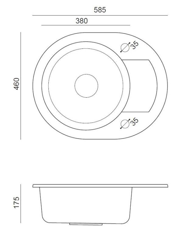 Quadrat London Grau Granit Rundspüle mit Abtropffläche und Edelstahlstopfen 585x460mm Umkehrbar - 1208967772