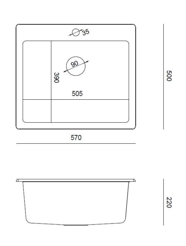 Quadri Sheffield Anthrazit Granit Aufsatz- oder Flacheinbau-Spülbecken 57x50 cm mit Armaturenbank und Edelstahlstopfen - 1208967811