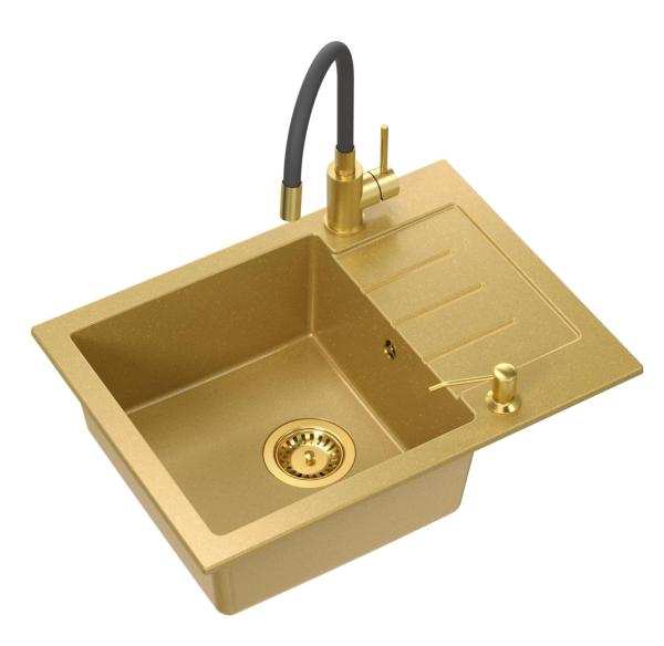 Quadri Kendal Set mit Küchenarmatur mit flexiblem Auslauf, Flüssigkeitsspender und goldfarbiger Granitspüle 60x44 cm mit Abtropffläche - 1208967839