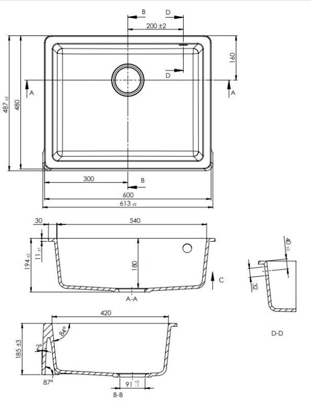 GraniteMy Tradition Ländliche Spüle Granit Waschbecken 60x48 cm Schwarz Unterbau und Flachbau mit Schwarzem Stöpsel 1208967936