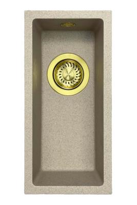 GraniteMy Universal Granit beige Sand kleine Spüle 17x40 cm Aufsatz, Unterbau und flächenbündig mit goldenem Stöpsel 1208968003