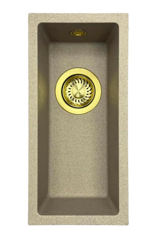 GraniteMy Universal Granit beige Sand kleine Spüle 17x40 cm Aufsatz, Unterbau und flächenbündig mit goldenem Stöpsel 1208968003