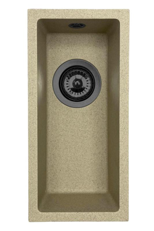 GraniteMy Universal Granit beige Sand kleine Spüle 17x40 cm Aufsatz, Unterbau und flächenbündig mit Gun-Metal-Stöpsel 1208968006
