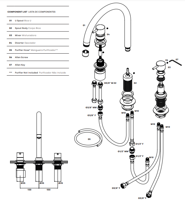 Wasserevolution Flow 3-Loch Küchenarmatur mit schwenkbarem Auslauf und Anschluss für gefiltertes Wasser Chrom T152U01