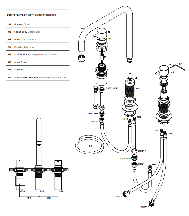 Wasserevolution Flow 3-Loch Küchenarmatur mit schwenkbarem Auslauf und Anschluss für gefiltertes Wasser Messing T152HLE