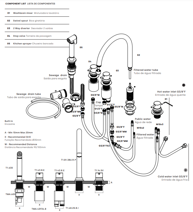 Wasserevolution Flow 5-Loch Küchenmischer mit ausziehbarer Brause und Anschluss für gefiltertes Wasser Chrom T154U01