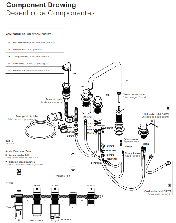 Wasserevolution Flow 5-Loch-Winkel-Küchenarmatur mit ausziehbarem Sprühkopf und Anschluss für gefiltertes Wasser Chrom T154H01