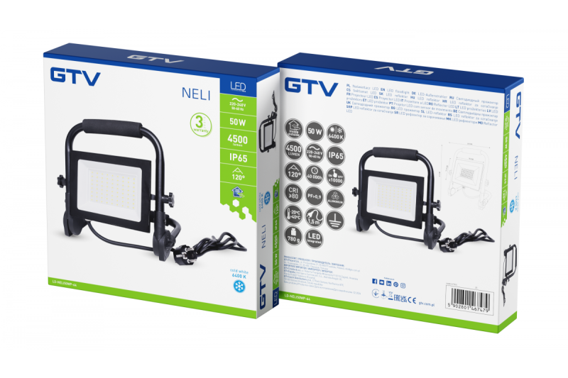 NELI Tragbarer Scheinwerfer, LED, 50W, 4500lm, 6400K, AC220-240V, IP65, 1,5m Kabel