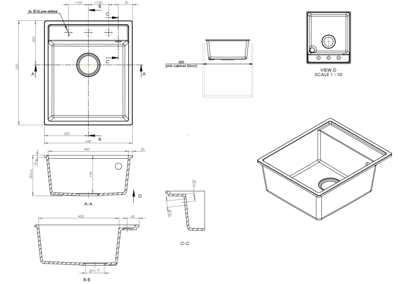 GraniteMy Bremen Granitspüle 44x52 cm Schwarz – Aufsatz, Unterbau und Flacheinbau mit Armaturenbank und Edelstahlstopfen 1208969991