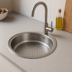 Banka P18380 Edelstahl Rundes flaches Spülbecken mit Abtropffläche 45 cm Aufsatz und Unterbau 1208970057