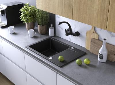 Aquadesign Kensley Set - Granit Aufsatzspüle Grau mit kleinem Abtropfbereich und Küchenarmatur, 65 x 44 cm 1208970086