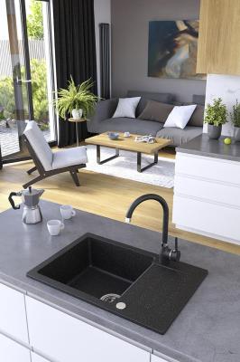 Aquadesign Kensley Set - Granit Aufsatzspüle Grau mit kleinem Abtropfbereich und Küchenarmatur, 65 x 44 cm 1208970086
