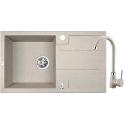 Aquadesign Hartwell Set - Granit Aufsatzspüle Beige Sand mit Abtropffläche und Küchenarmatur, 76 x 44 cm - 1208970088