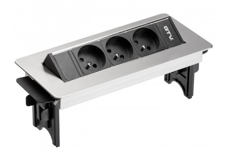 Schreibtischverlängerungskabel ohne Kassette, 3-fach-Steckdose mit Erdung, 1,5 m Netzkabel mit Stecker, Edelstahl.