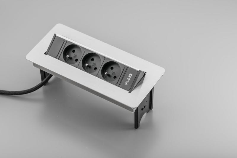 Schreibtischverlängerungskabel ohne Kassette, 3-fach-Steckdose mit Erdung, 1,5 m Netzkabel mit Stecker, Edelstahl.