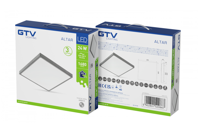 ALTAR LED Deckenleuchte, 295x295mm, 4000K, 24W, 1680lm, AC180-250V, 50/60 Hz, PF>0.5, IP54, grau, 3 Jahre Garantie