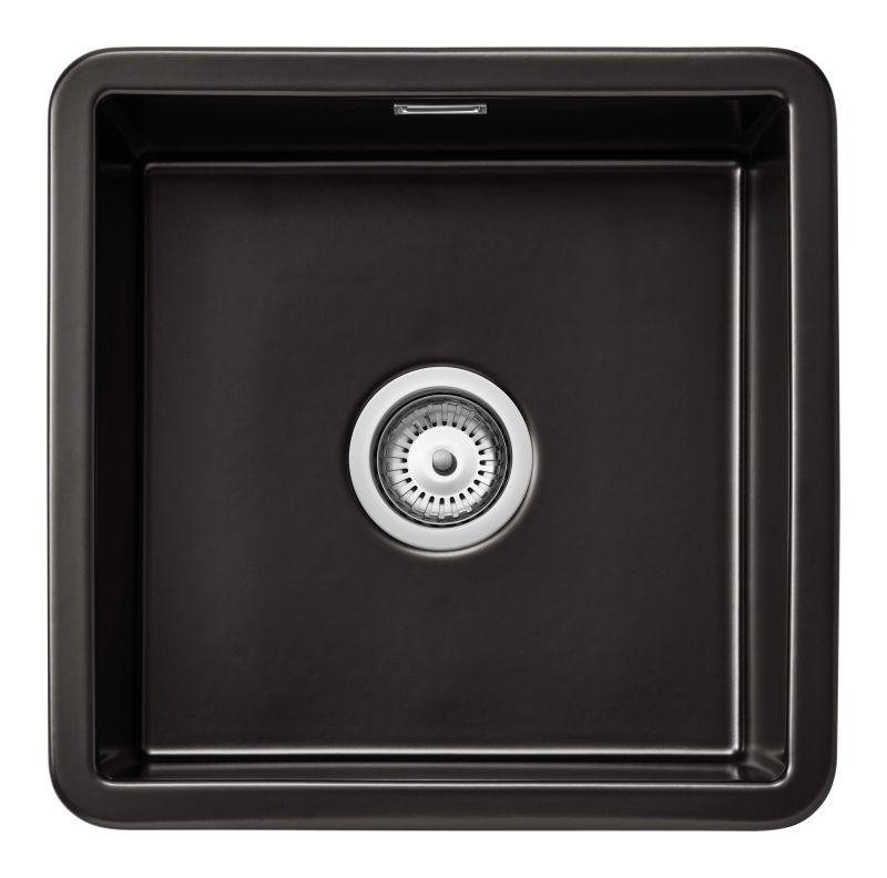 Ausmann Ceramic Ember Keramikmatte Schwarz Quadratisches Spülbecken Aufsatz und Unterbau 40 x 40 cm mit Edelstahlstopfen 1208970507