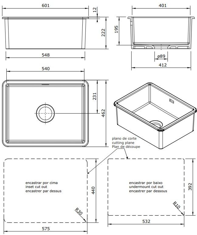 Ausmann Keramik Ember Keramische Matte Schwarze Spüle - Aufsatz- und Unterbau 54 x 40 cm 1208970511