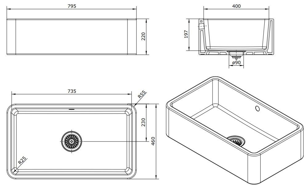 Ausmann Keramik Mira Keramisches Weißes Spülbecken - Unterbau und Zwischenbau 795 x 460 mm 1208970515