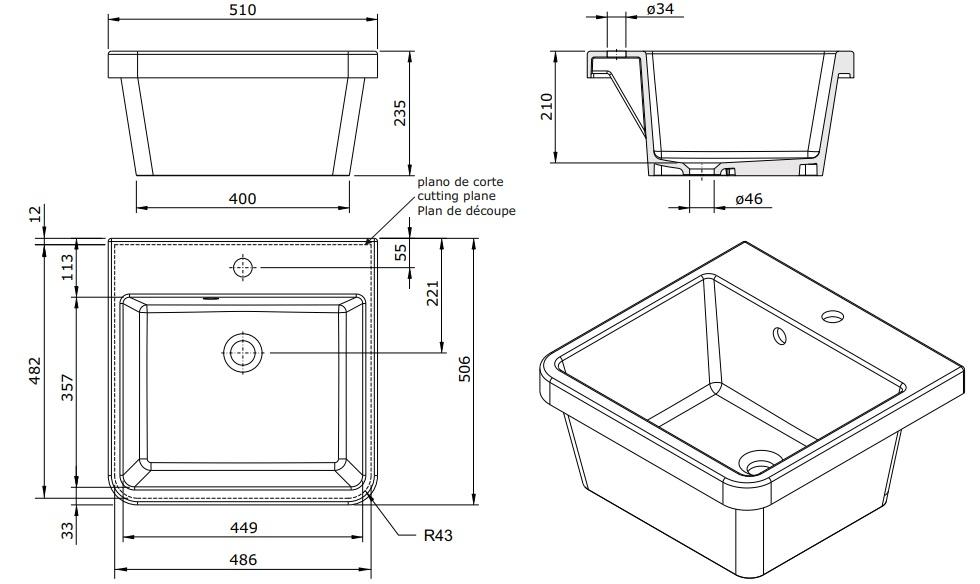 Ausmann Keramik Frost Keramisches Weißes Spülbecken - Aufsatz 510 x 506 mm mit Armaturenbank 1208970516