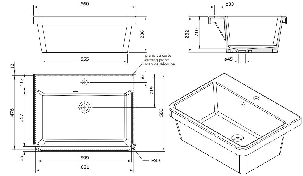 Ausmann Ceramic Frost Keramisches Weißes Spülbecken - Aufsatz 660 x 506 mm mit Armaturbank 1208970517