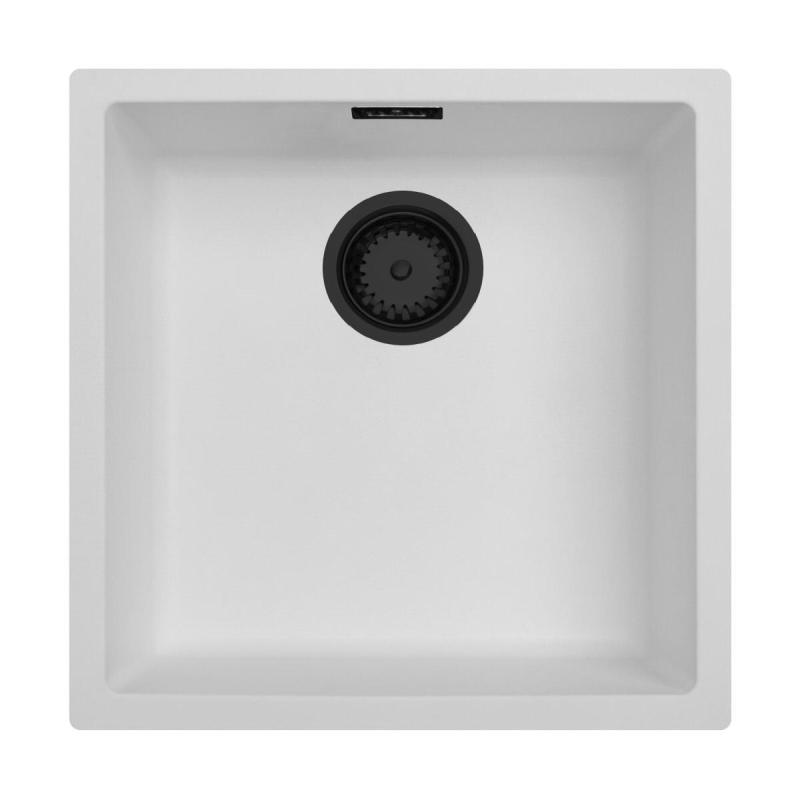Weiße Spüle 40x40 cm Unterbau, Aufsatz und Flachaufbau mit Mattschwarzem Stopfen 1208970535
