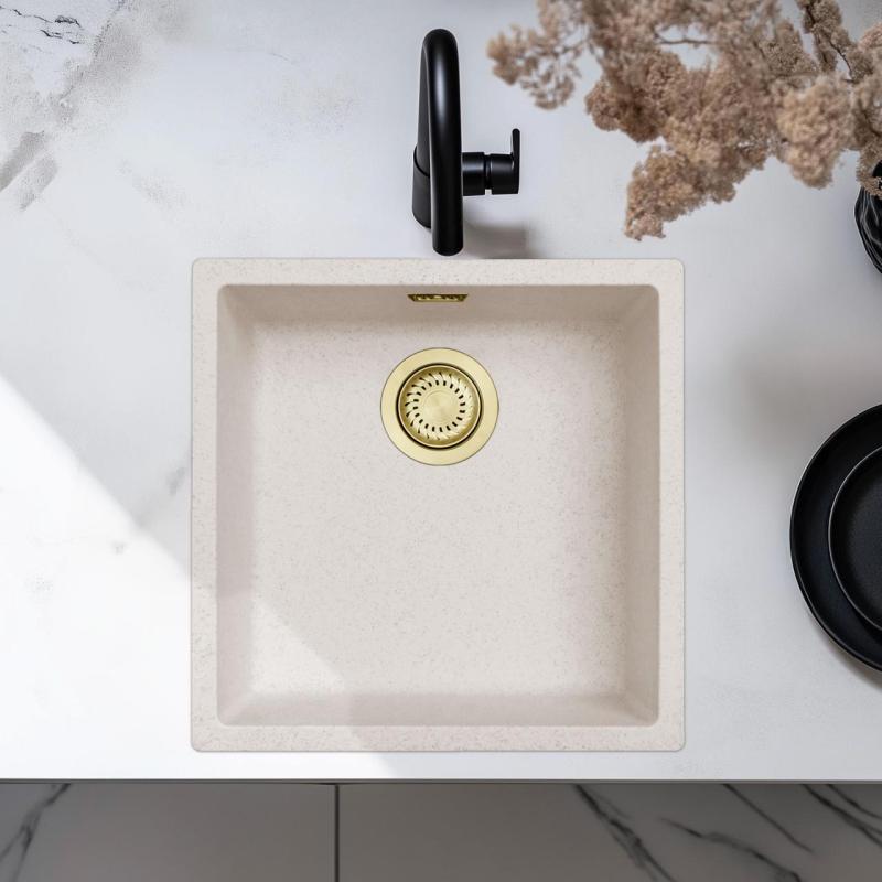 Sand Weiß Creme Spülbecken 40x40 cm Unterbau, Aufsatz und Flachaufbau mit Goldener Stopfen 1208970542.
