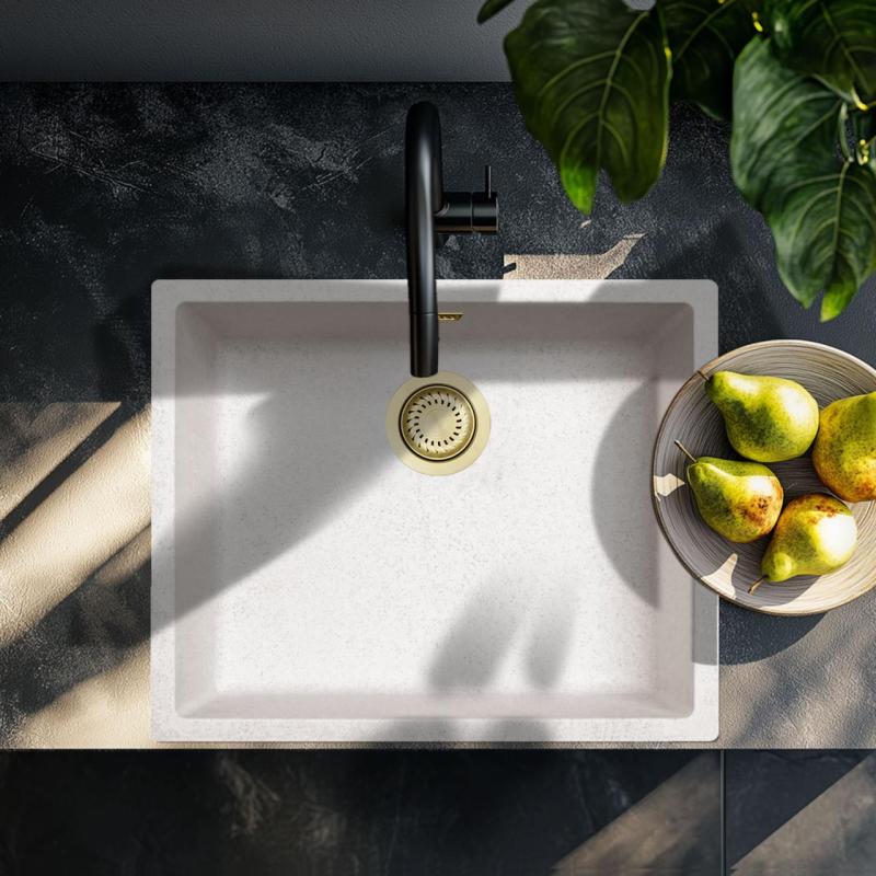 Sand Weiß Creme Spülbecken 50x40 cm Unterbau, Aufsatz und Flacheinbau mit Goldener Stöpsel 1208970547