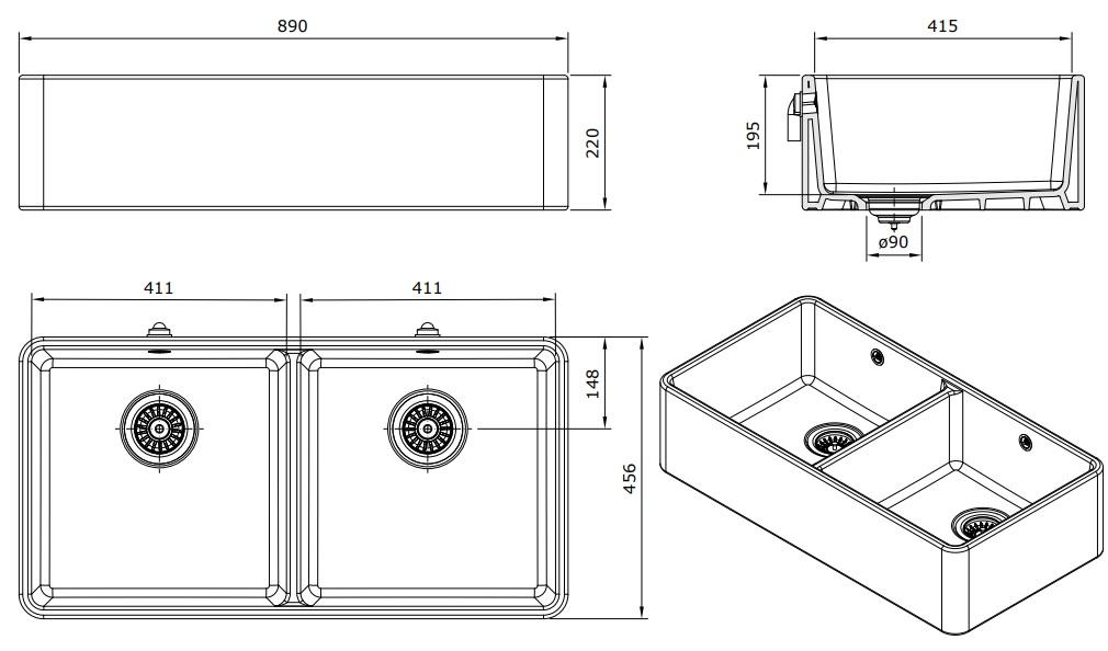 Ausmann Keramik Mira Keramisches Weißes Doppelspülbecken - Unterbau und Einbau 890 x 456 mm 1208970549