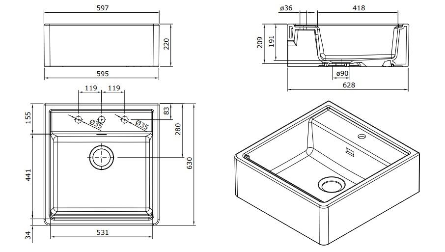 Ausmann Keramische Panor Shade Keramik Weiß Butler Spüle - Unterbau und Zwischenbau 630 x 597 mm mit Armaturenbank und Mattschwarzem Stöpsel 1208970554