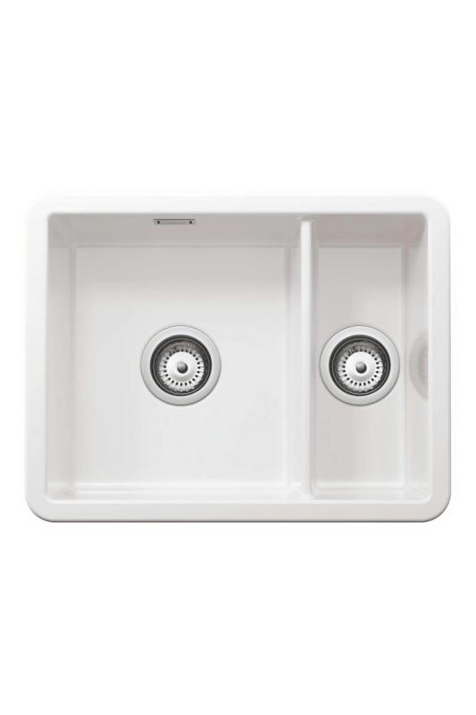 Ausmann Ceramic Ember Keramik-Spülbecken, weiß, eineinhalb Becken, Aufsatz und Unterbau, 495 x 370 mm, mit Edelstahlstopfen 1208970736