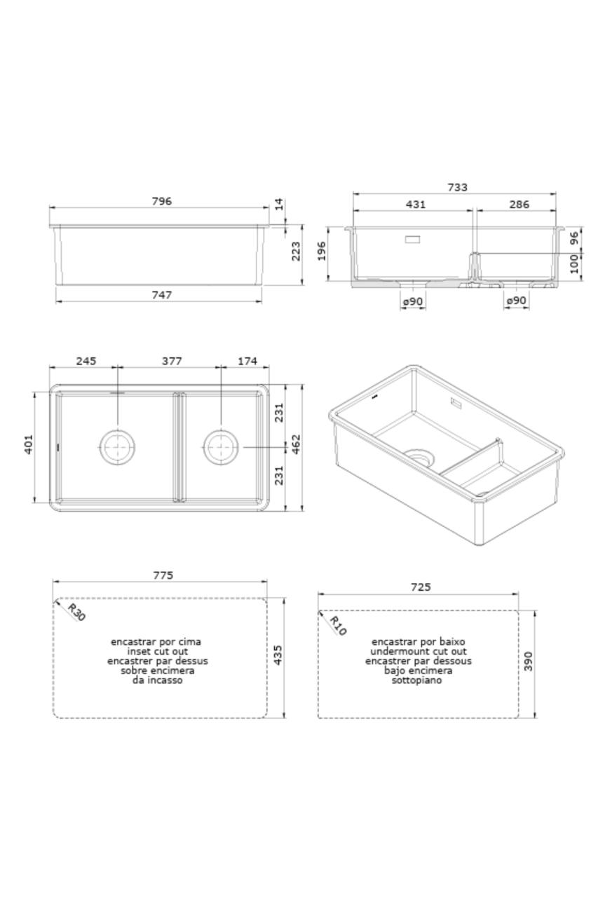 Ausmann Keramik Ember Keramisches Weißes Eineinhalb-Spülbecken Aufsatz- und Unterbau 733 x 401 mm mit Edelstahlstopfen 1208970737