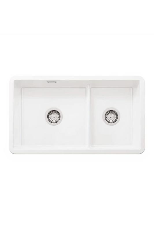 Ausmann Ceramic Ember Keramische Weiße Anderthalb Einbauspüle Aufbau und Unterbau 733 x 401 mm mit Edelstahlstopfen 1208970737