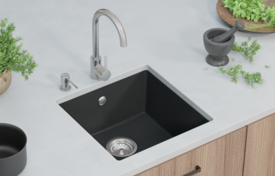 GraniteMy Universal Granit Grau, dunkel Spülbecken 40x40 cm Aufbau, Unterbau und Flächenbündiger Einbau mit schwarzem Plug 1208970747