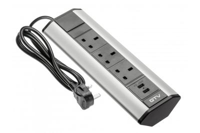 Schreibtischverlängerungskabel mit abgewinkelten 3x UK Steckdosen, 2xUSB 2.1A 5V (Silber) ENGLISCHE VERSION