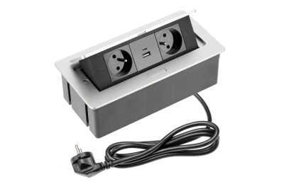 WEICHE Möbelsteckdose 2x Steckdose mit Erdung, USB A+C, Stromkabel mit Stecker, Aluminium.