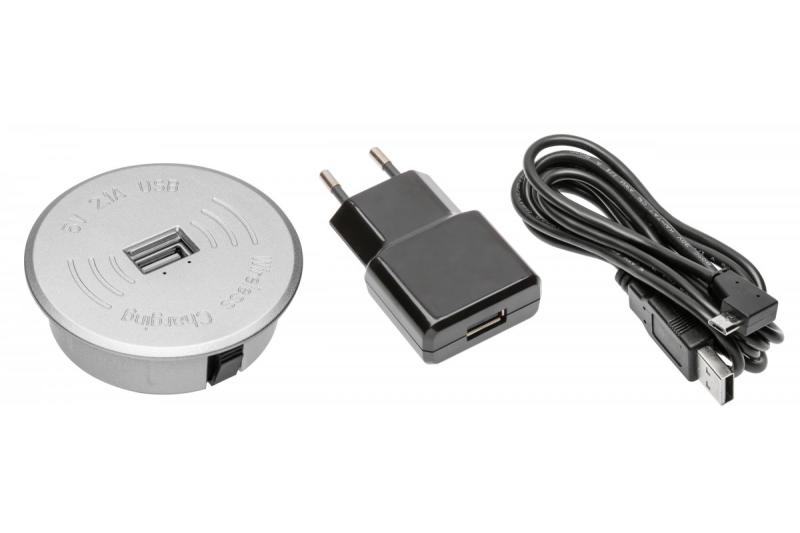 Kabelloses Ladegerät-Set mit USB-Anschluss, silberfarben, mit Netzteil (2 m langes, abnehmbares USB-Kabel)