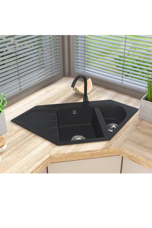 Graniteland Amiata Granit Schwarz Eckspüle Aufbau 965x496mm mit Edelstahl Plug 1208971120